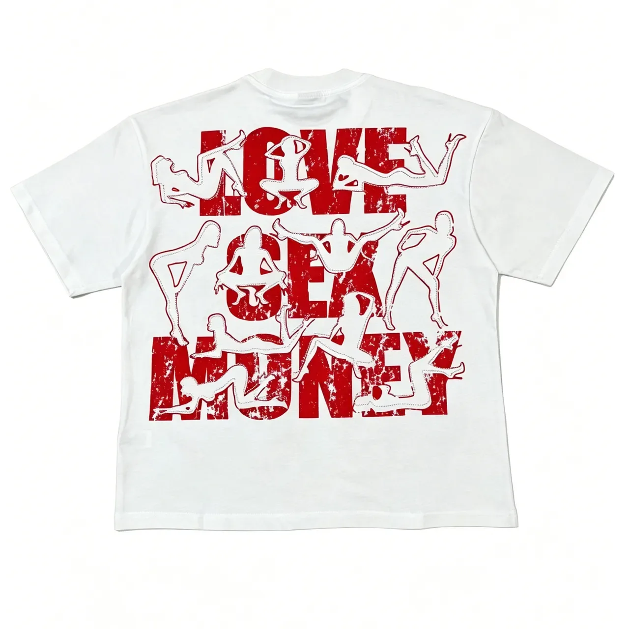 White Red Graphic Print Distressed Numerals and Silhouette Figures T-Shirt 5