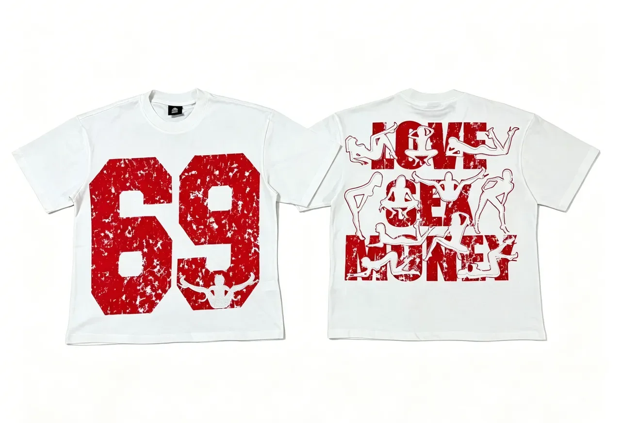 White Red Graphic Print Distressed Numerals and Silhouette Figures T-Shirt 7