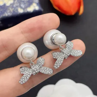 White Silver Pearl Stud Crystal-Embellished Bow Earrings