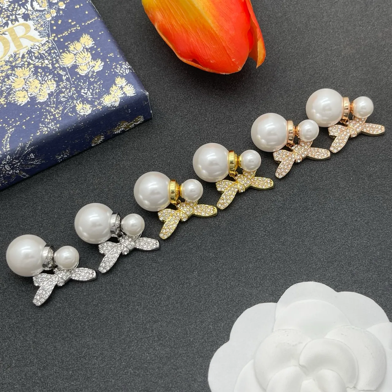 White Silver Pearl Stud Crystal-Embellished Bow Earrings 2