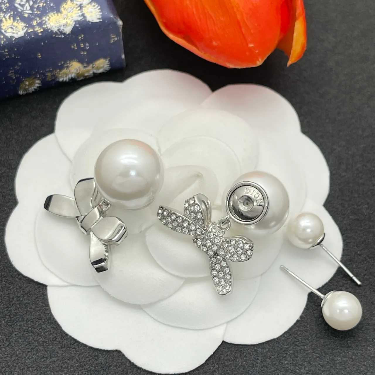 White Silver Pearl Stud Crystal-Embellished Bow Earrings 4