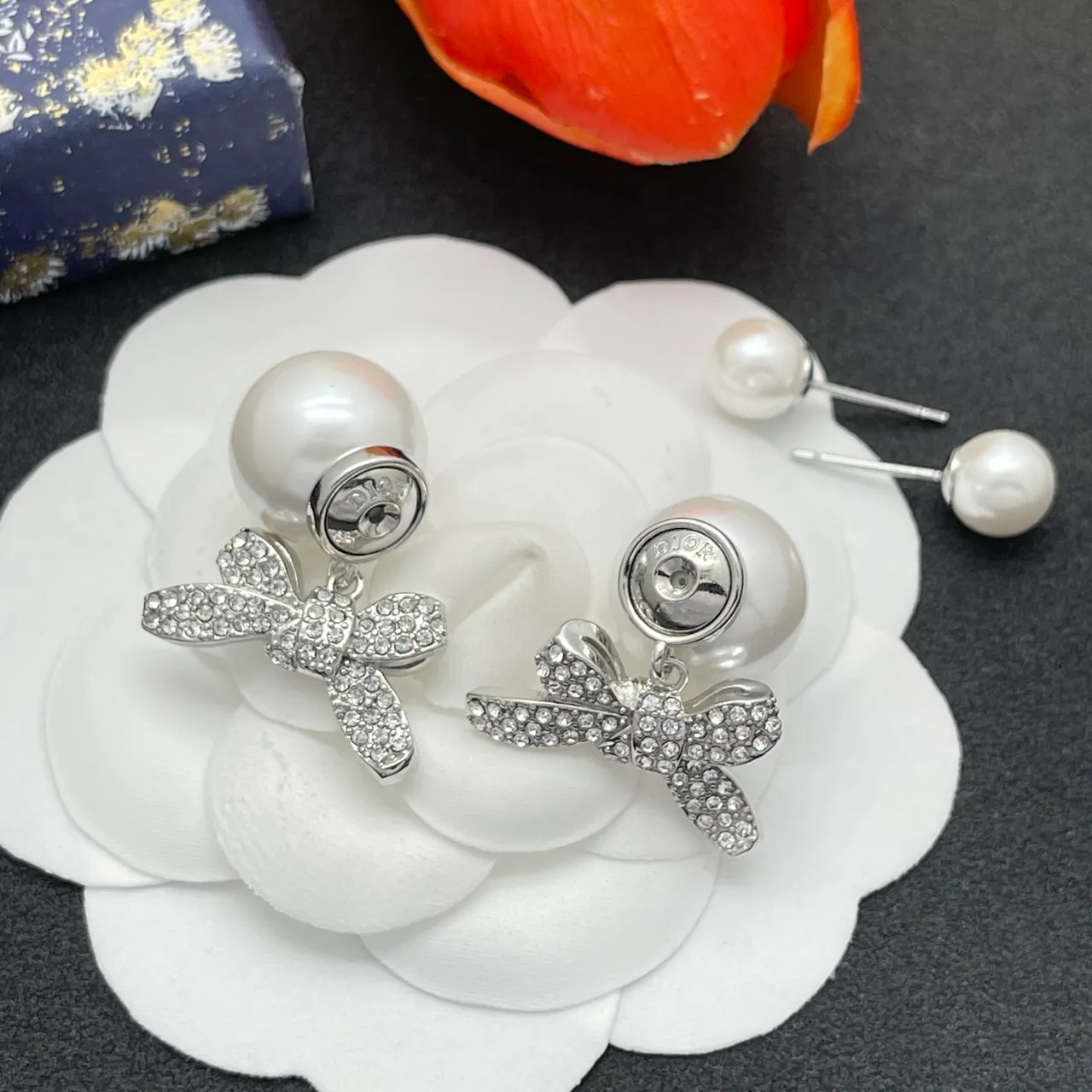 White Silver Pearl Stud Crystal-Embellished Bow Earrings 5