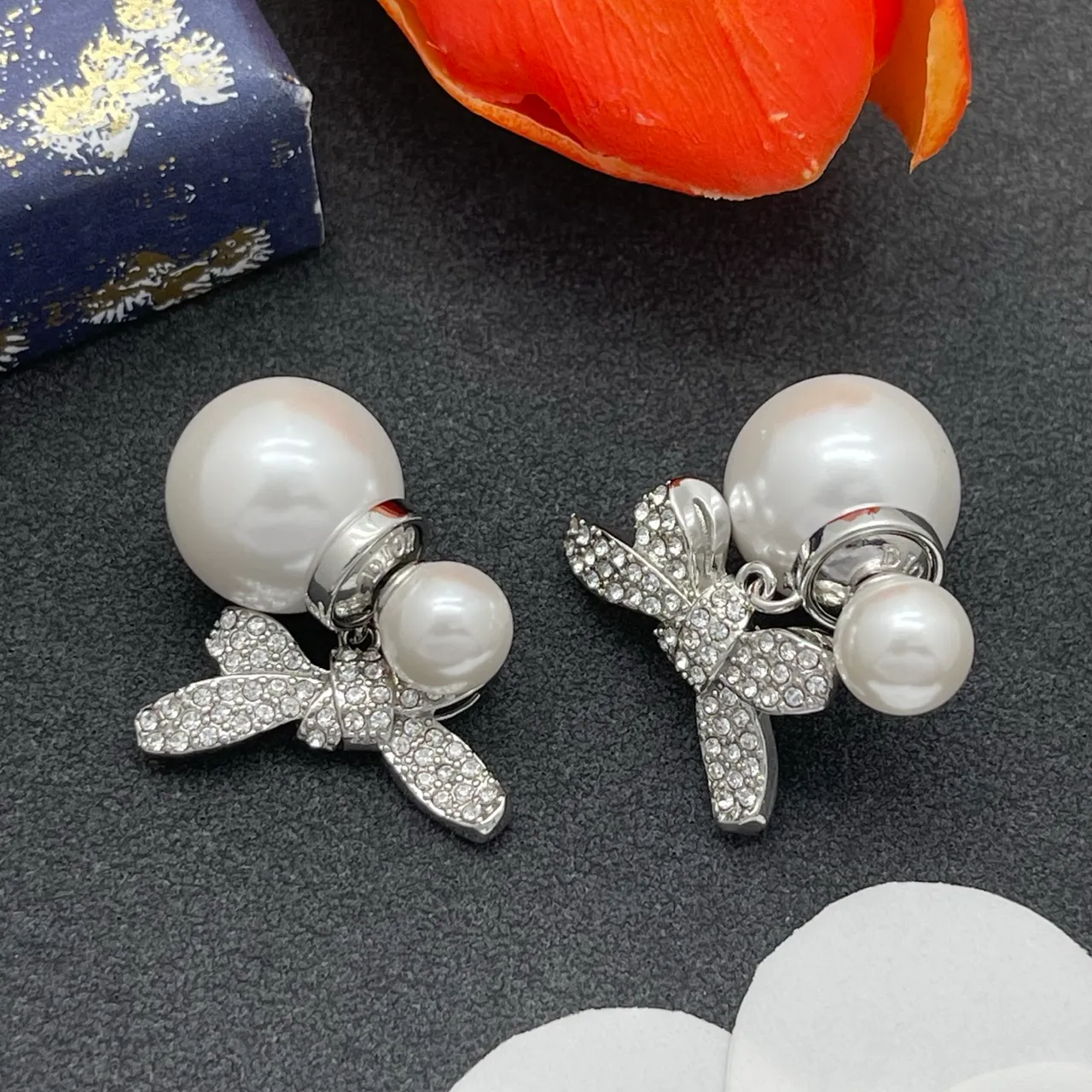 White Silver Pearl Stud Crystal-Embellished Bow Earrings 6