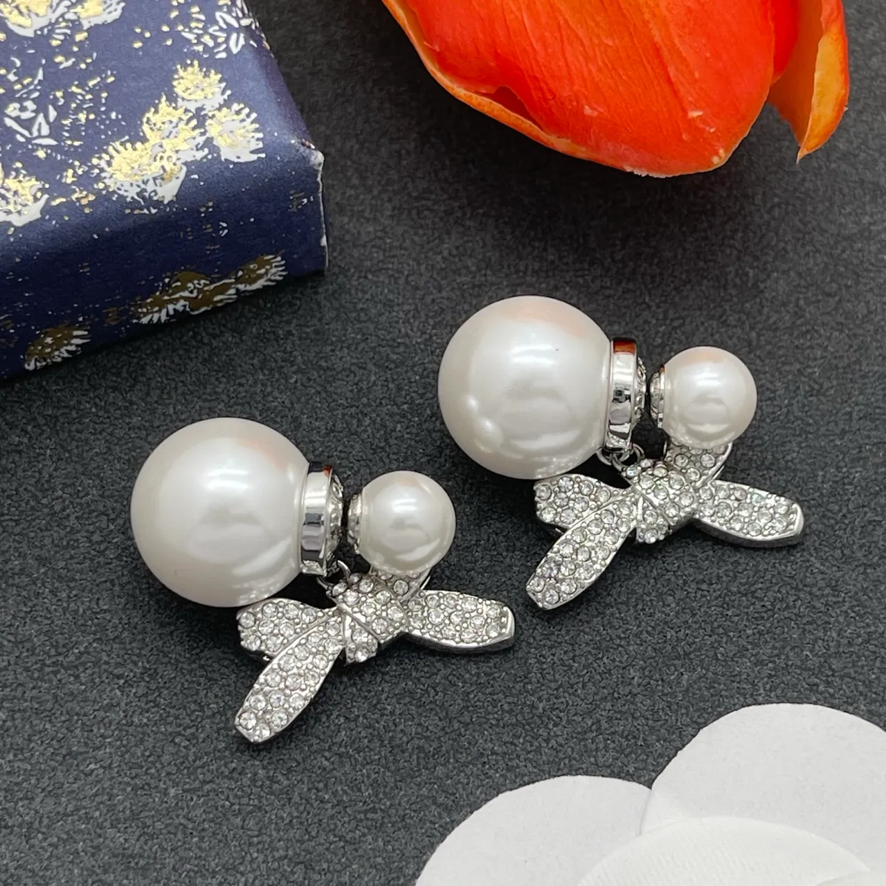 White Silver Pearl Stud Crystal-Embellished Bow Earrings 8