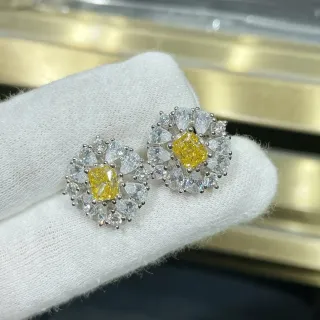 Yellow Center Halo Cluster Stud Earrings