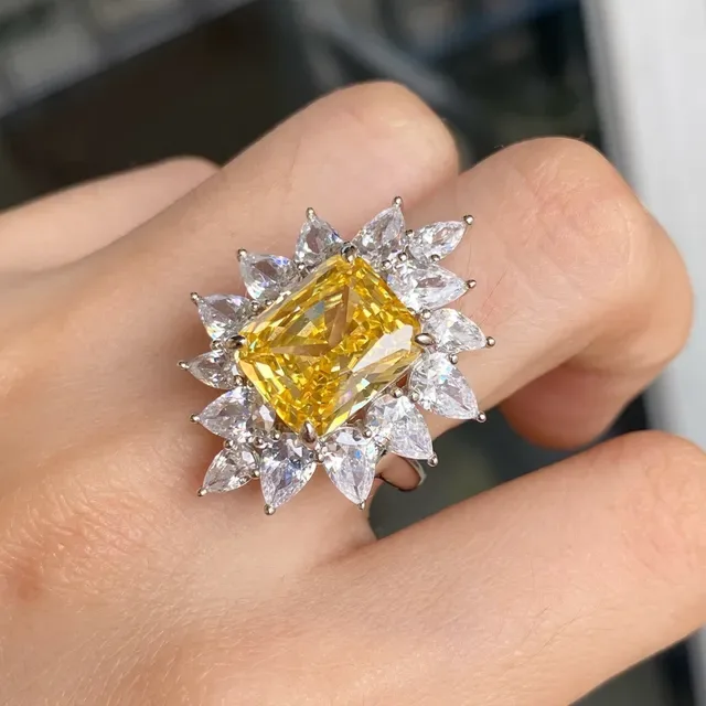 Yellow Center Stone Sunburst Halo Ring 8
