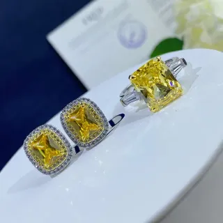 Yellow Silver Cushion-Cut Central Stone Double Halo Pavé Setting Ring