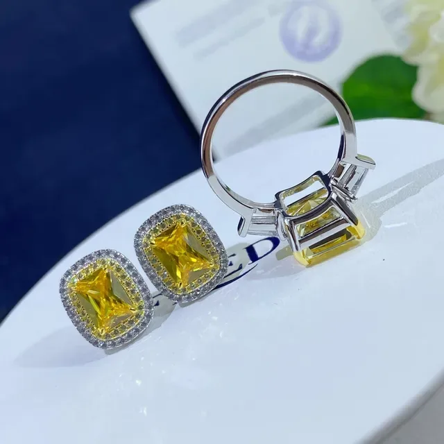 Yellow Silver Cushion-Cut Central Stone Double Halo Pavé Setting Ring 6