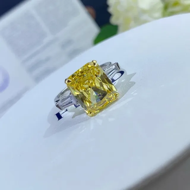 Yellow Silver Cushion-Cut Central Stone Double Halo Pavé Setting Ring 7