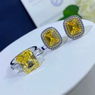 Yellow Silver Cushion-Cut Central Stone Double Halo Setting Ring