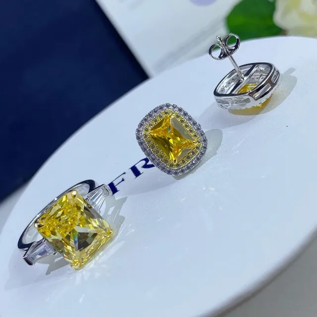 Yellow Silver Cushion-Cut Central Stone Double Halo Setting Ring 2