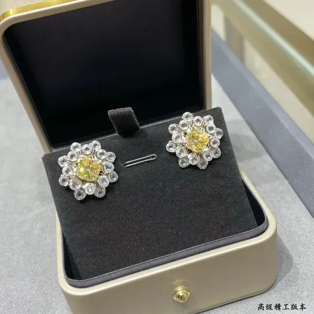 Yellow Silver Floral Cluster Halo Setting Earrings 5