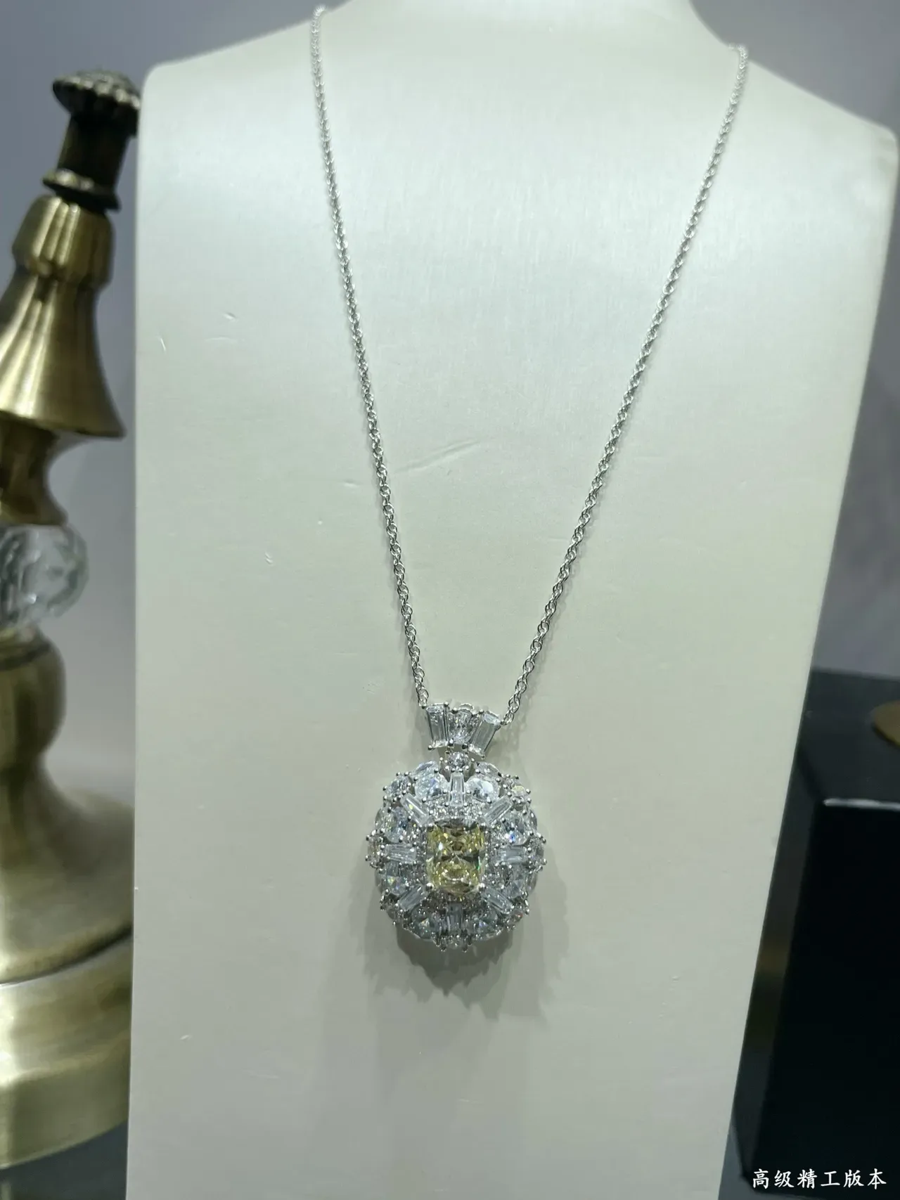 Yellow Silver Round Halo Pendant Cushion-Cut Center Stone Necklace 3