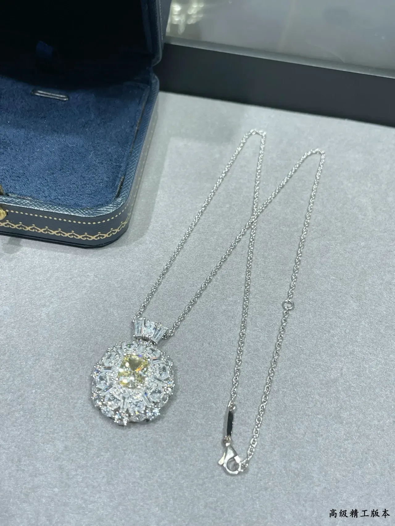 Yellow Silver Round Halo Pendant Cushion-Cut Center Stone Necklace 5