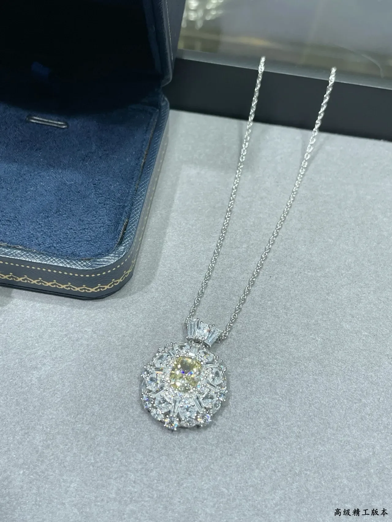 Yellow Silver Round Halo Pendant Cushion-Cut Center Stone Necklace 6