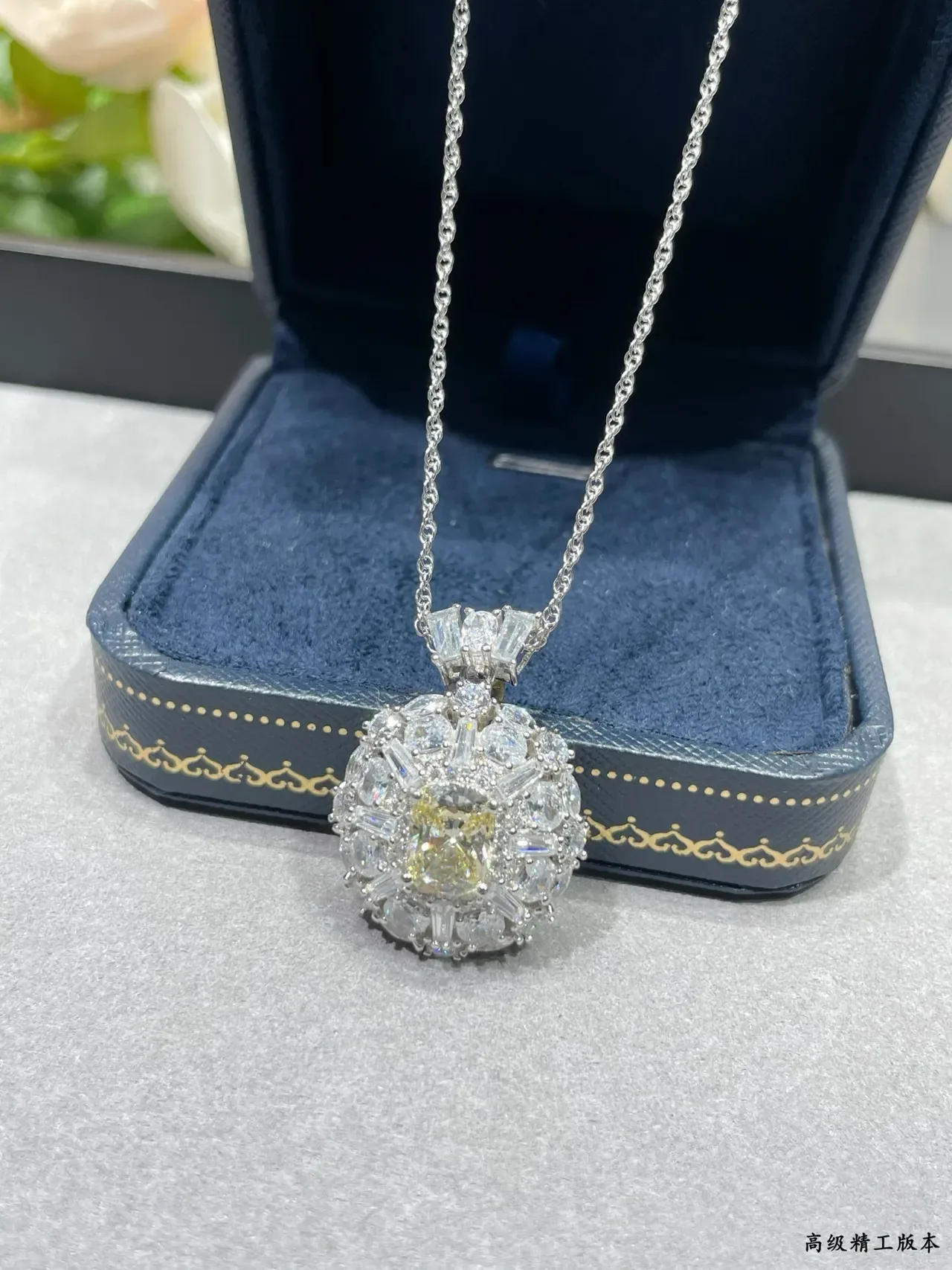 Yellow Silver Round Halo Pendant Cushion-Cut Center Stone Necklace 7