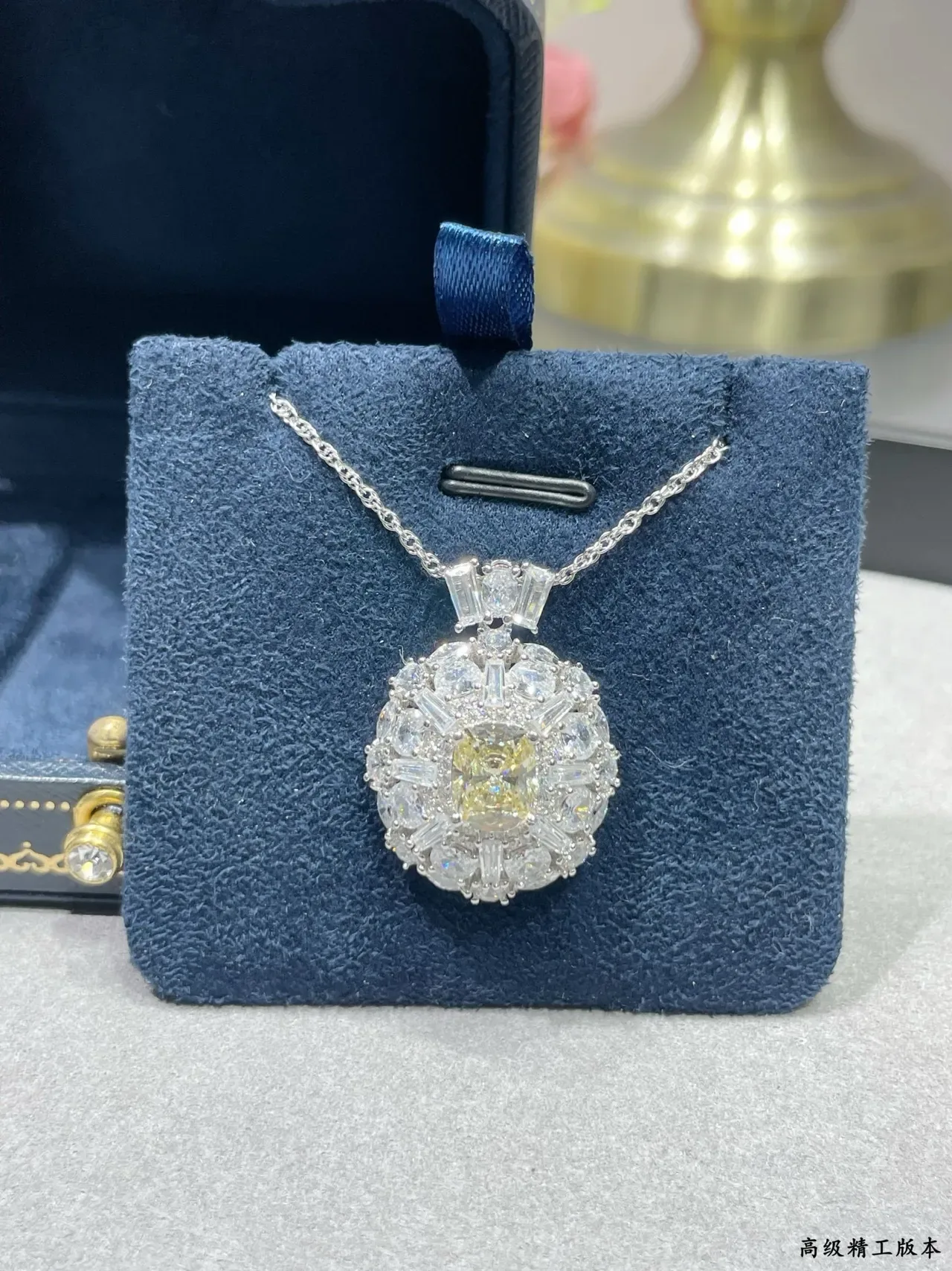 Yellow Silver Round Halo Pendant Cushion-Cut Center Stone Necklace 8