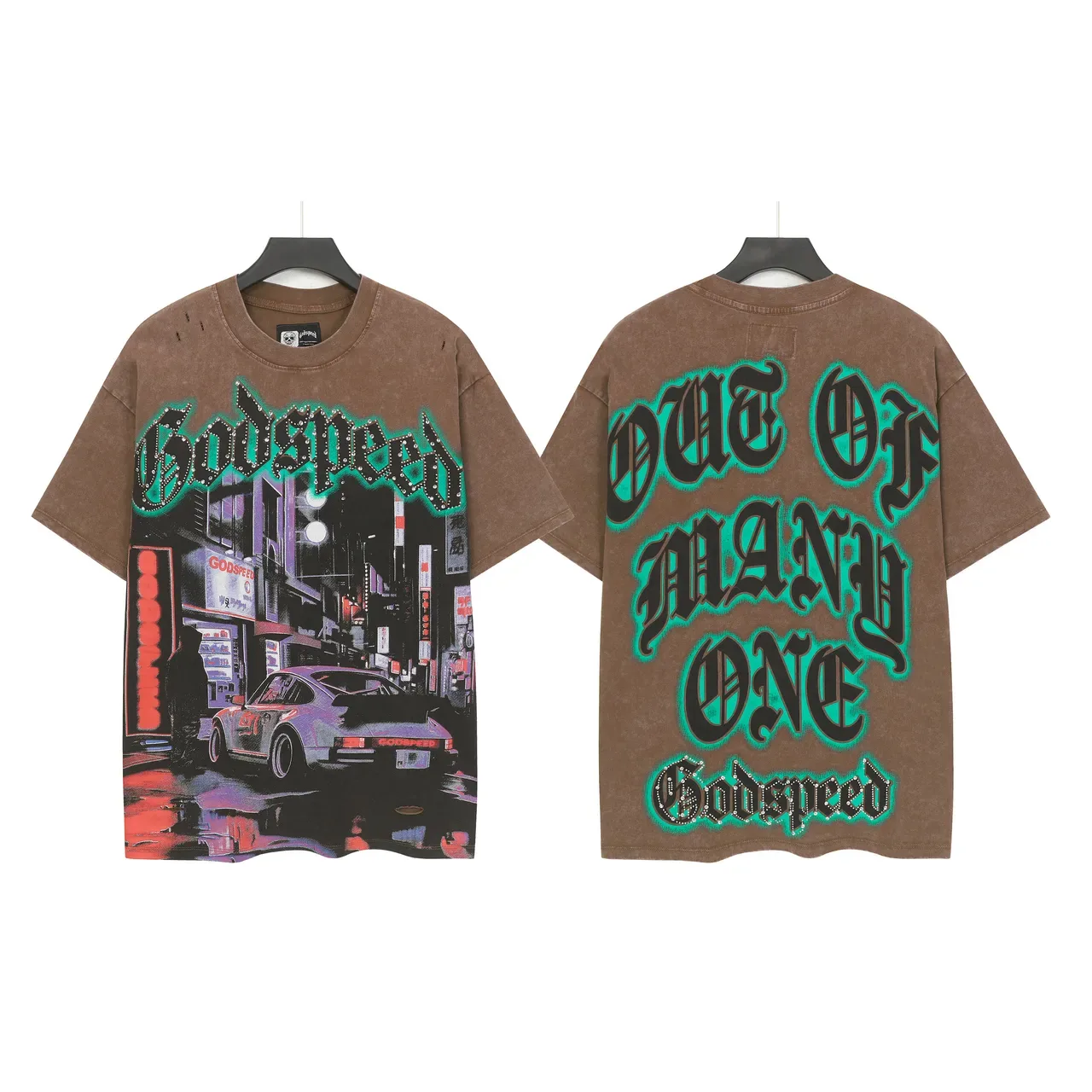 Godspeed Acid-Wash Brown Cityscape Porsche Graphic T-Shirt 2
