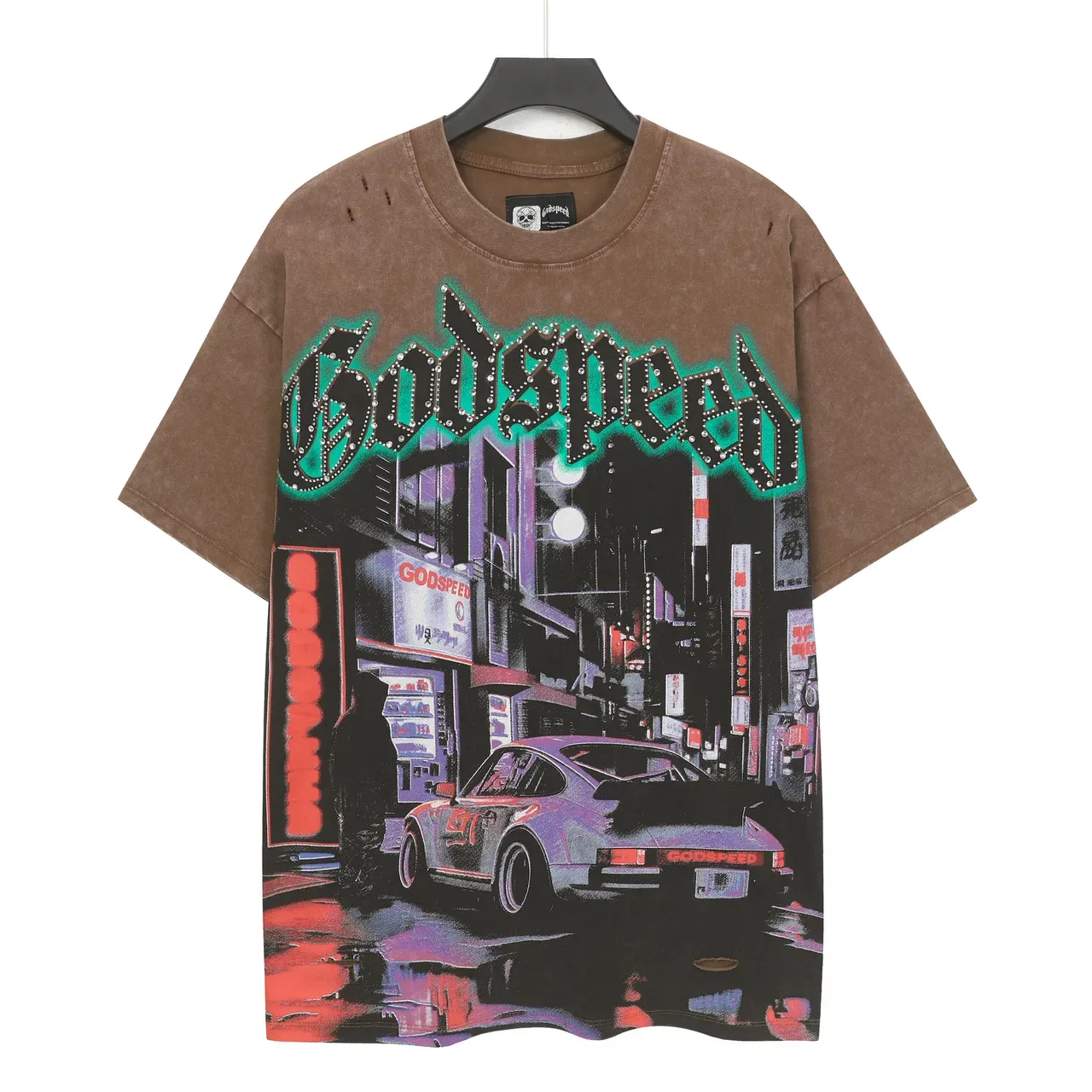 Godspeed Acid-Wash Brown Cityscape Porsche Graphic T-Shirt 3