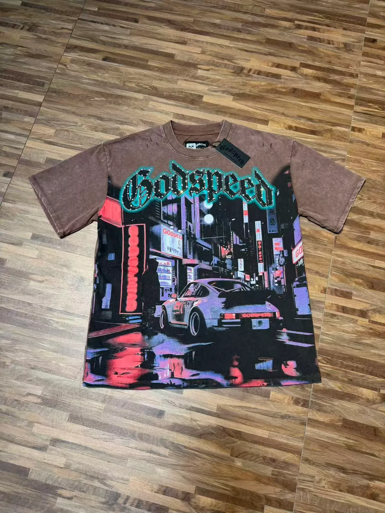Godspeed Acid-Wash Brown Cityscape Porsche Graphic T-Shirt 6