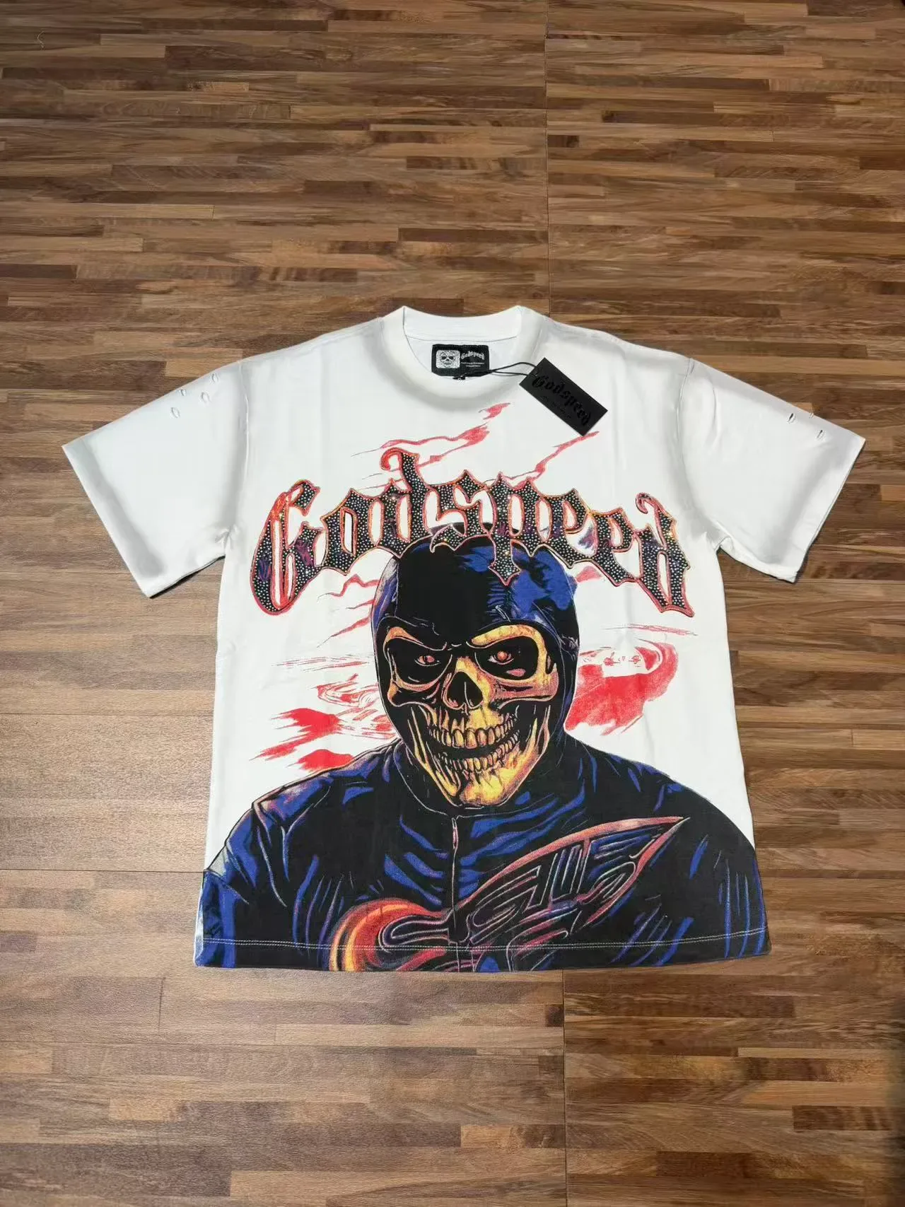 Camiseta Godspeed preta multicolorida com estampa gráfica e mangas desgastadas 3