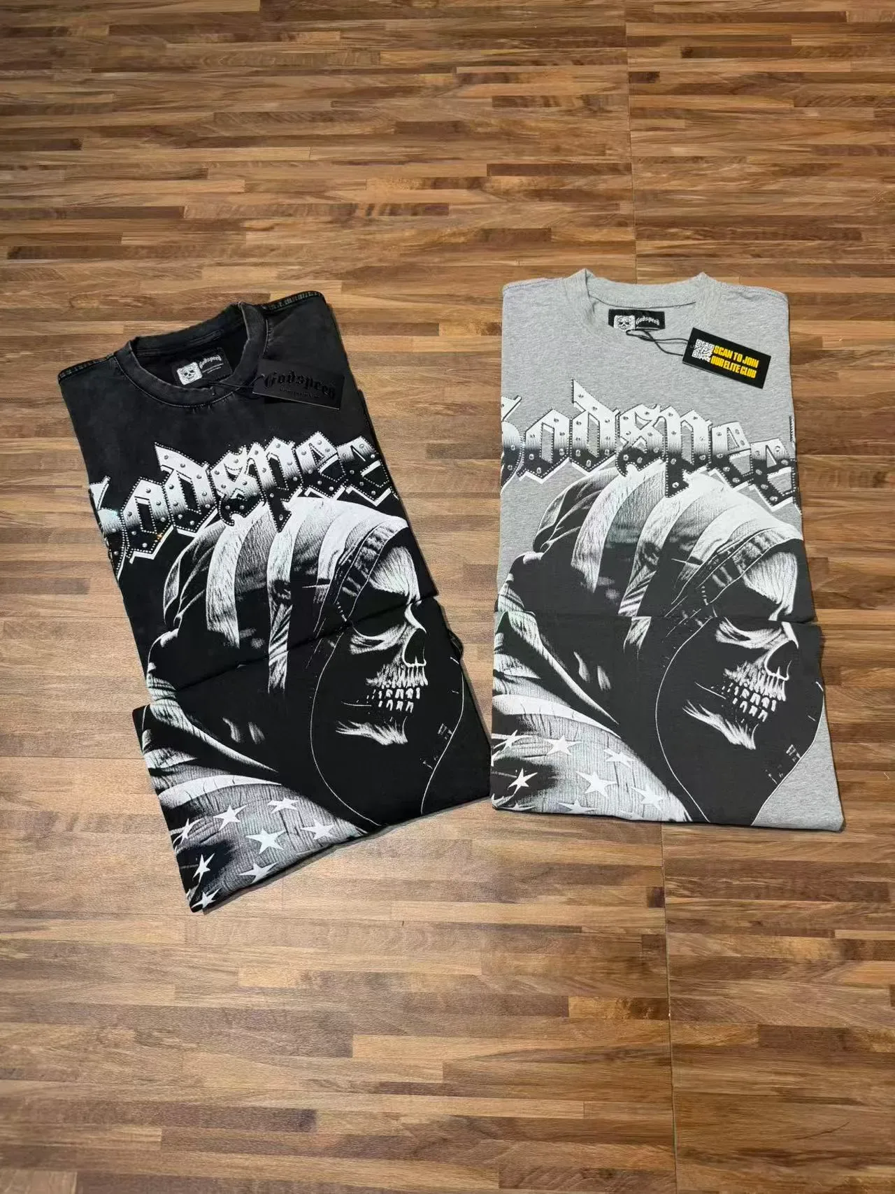 Godspeed Graphic Studded Sleeve Hooded Skull T-Shirt 2