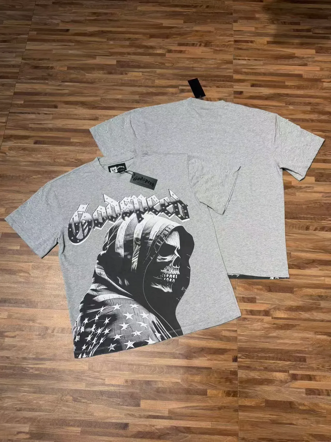 Godspeed Graphic Studded Sleeve Hooded Skull T-Shirt 3