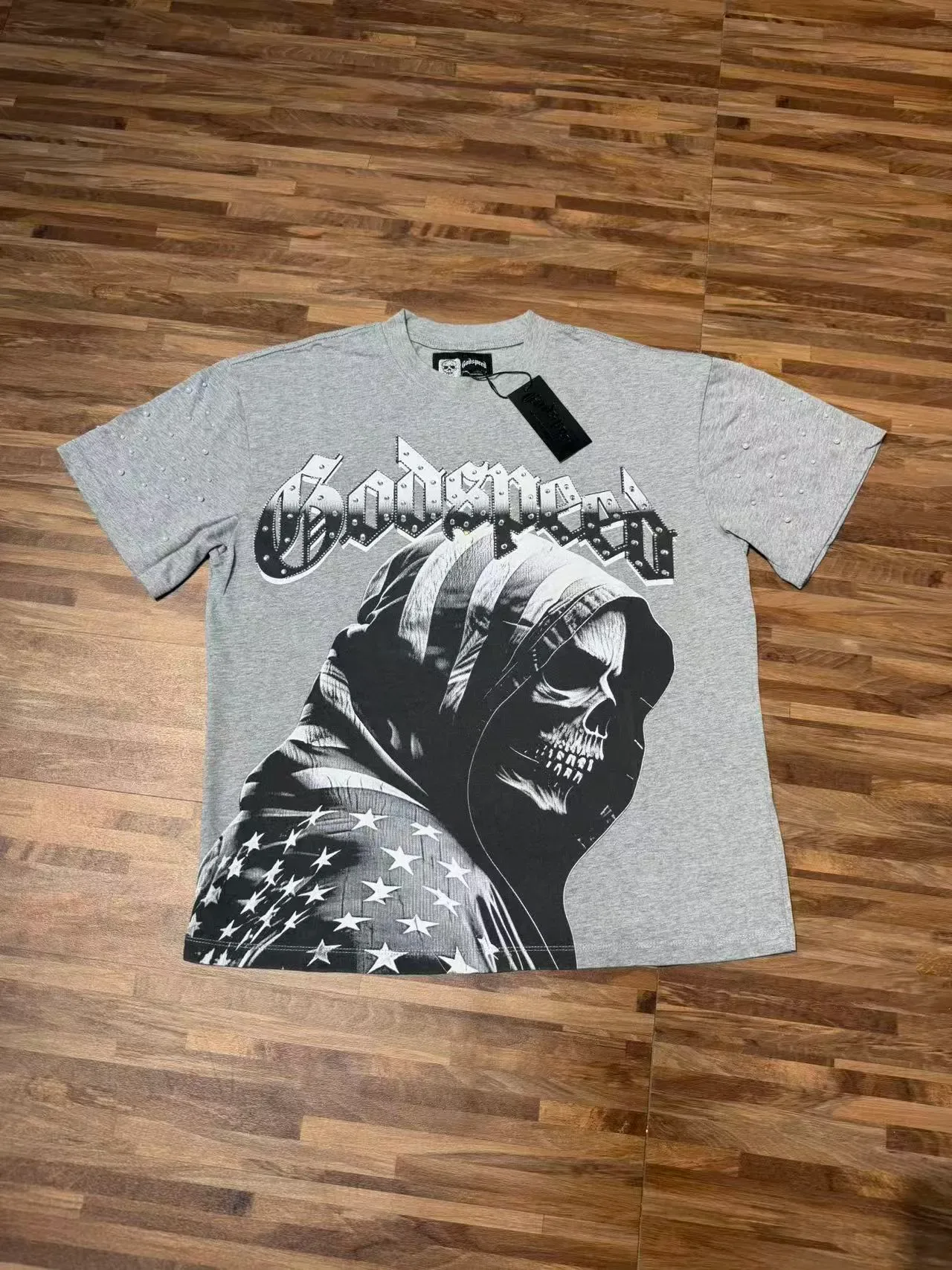 Godspeed Graphic Studded Sleeve Hooded Skull T-Shirt 4