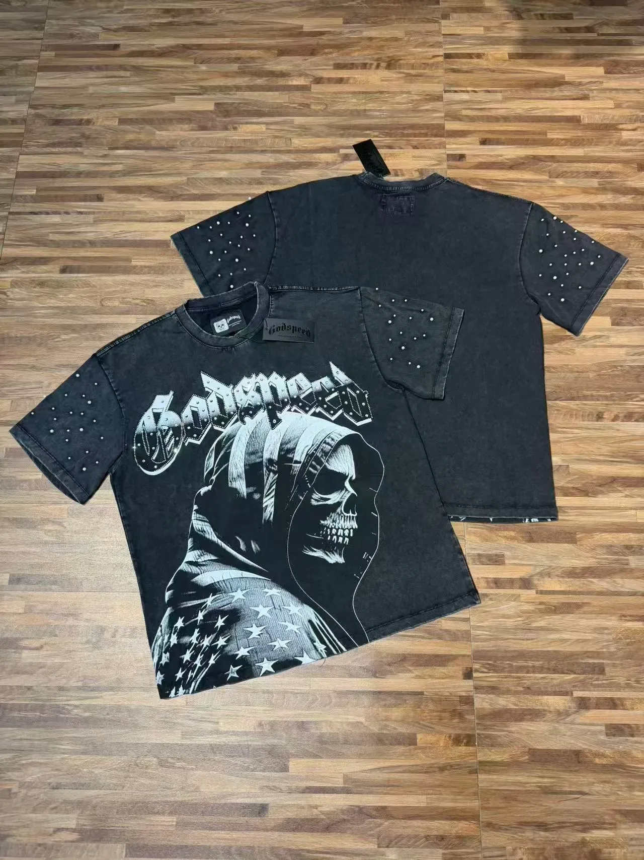 Godspeed Graphic Studded Sleeve Hooded Skull T-Shirt 6
