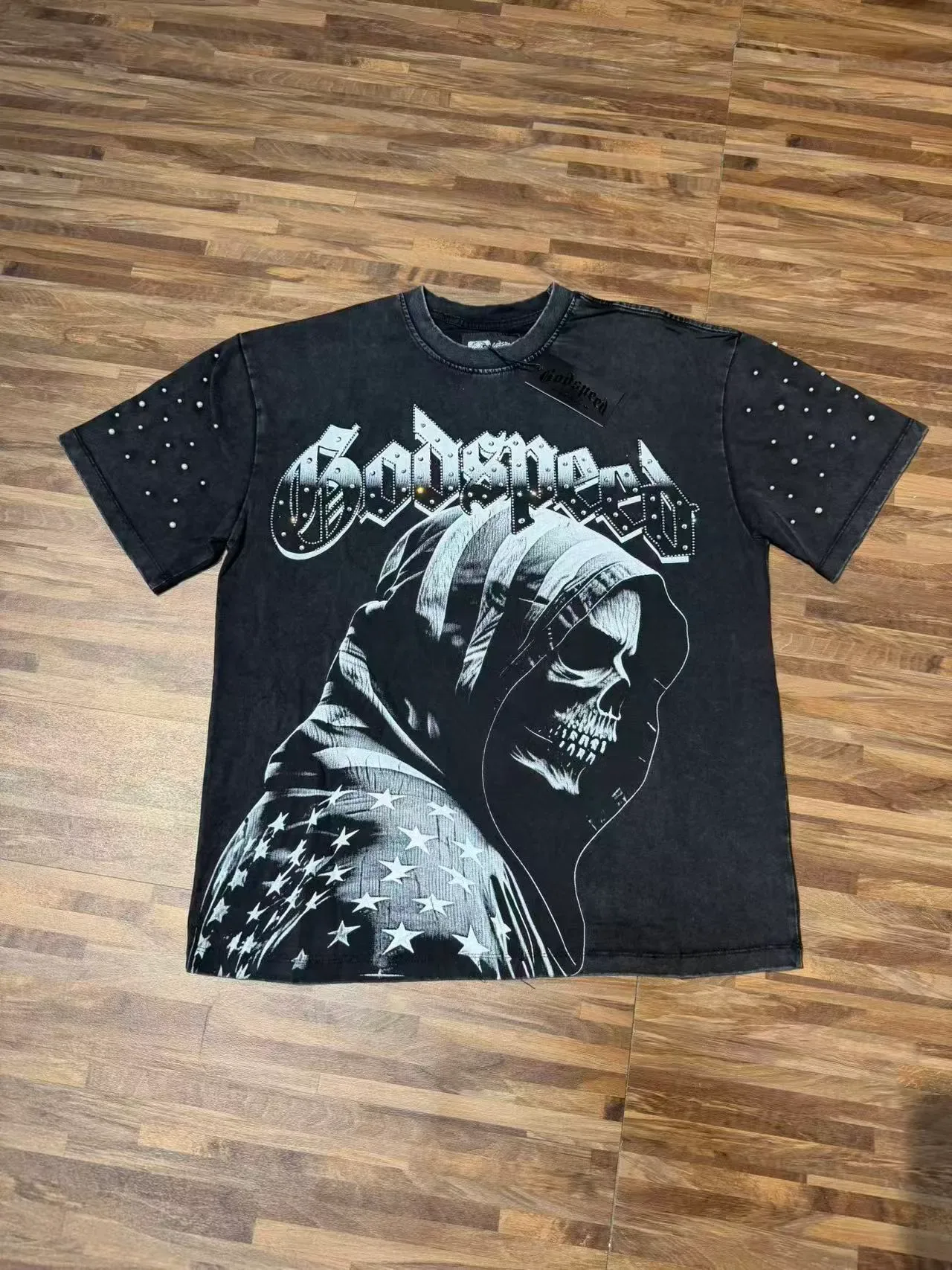 Godspeed Graphic Studded Sleeve Hooded Skull T-Shirt 7