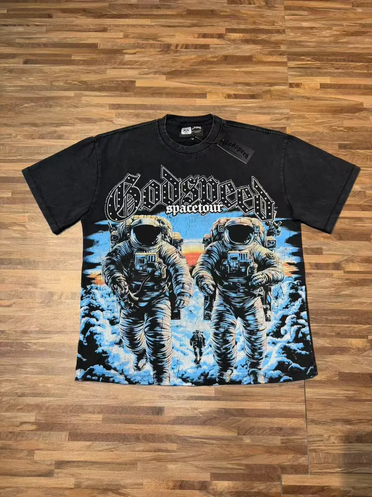 تيشيرت جرافيك أوفرسايز أسود متهالك Godspeed Spacetour 3
