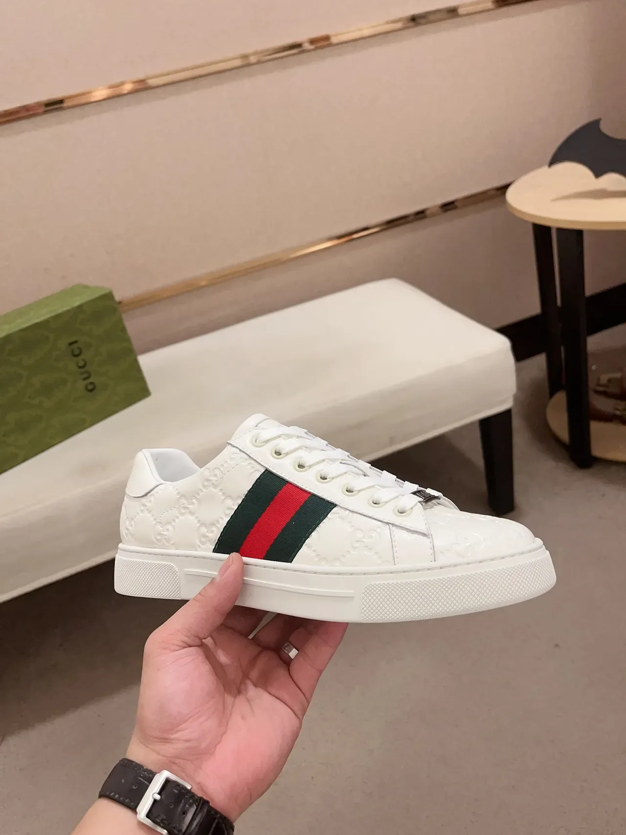 Gucci Ace White Embossed GG Web Stripe Lifestyle Sneakers 4