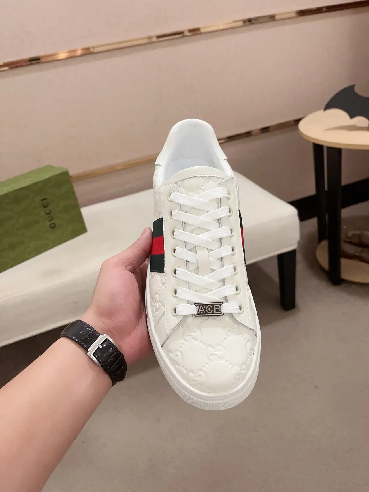 Gucci Ace White Embossed GG Web Stripe Lifestyle Sneakers 5