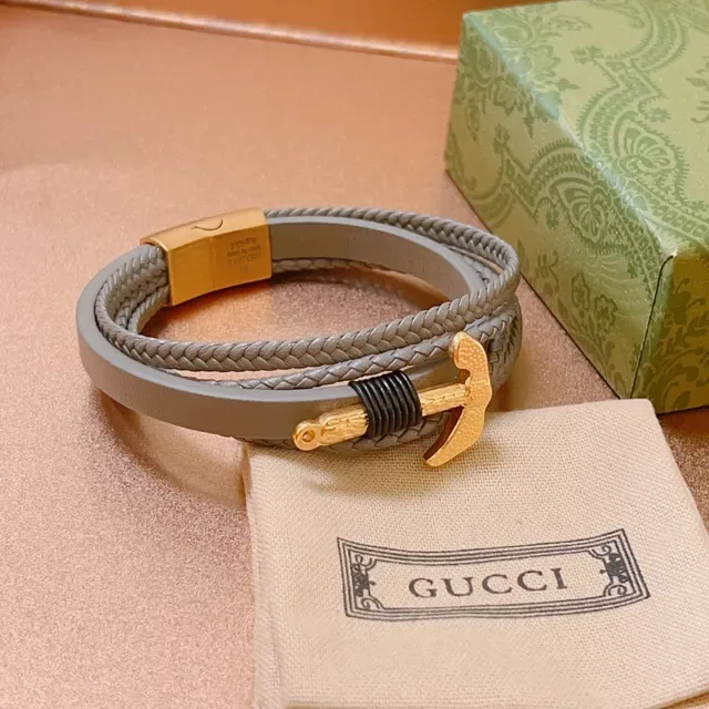Gucci Anchor Braided Leather Gray and Gold Bracelet 2