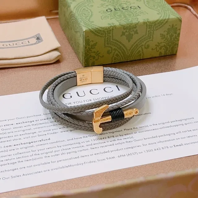 Gucci Anchor Braided Leather Gray and Gold Bracelet 4