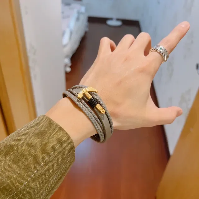 Gucci Anchor Braided Leather Gray and Gold Bracelet 5