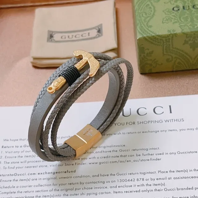 Gucci Anchor Braided Leather Gray and Gold Bracelet 6