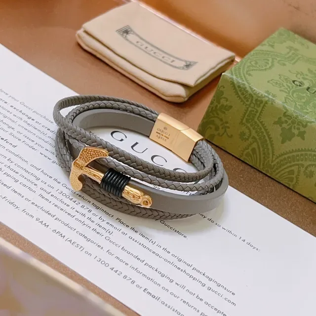 Gucci Anchor Braided Leather Gray and Gold Bracelet 7