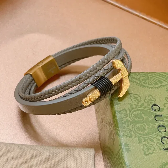 Gucci Anchor Braided Leather Gray and Gold Bracelet 9