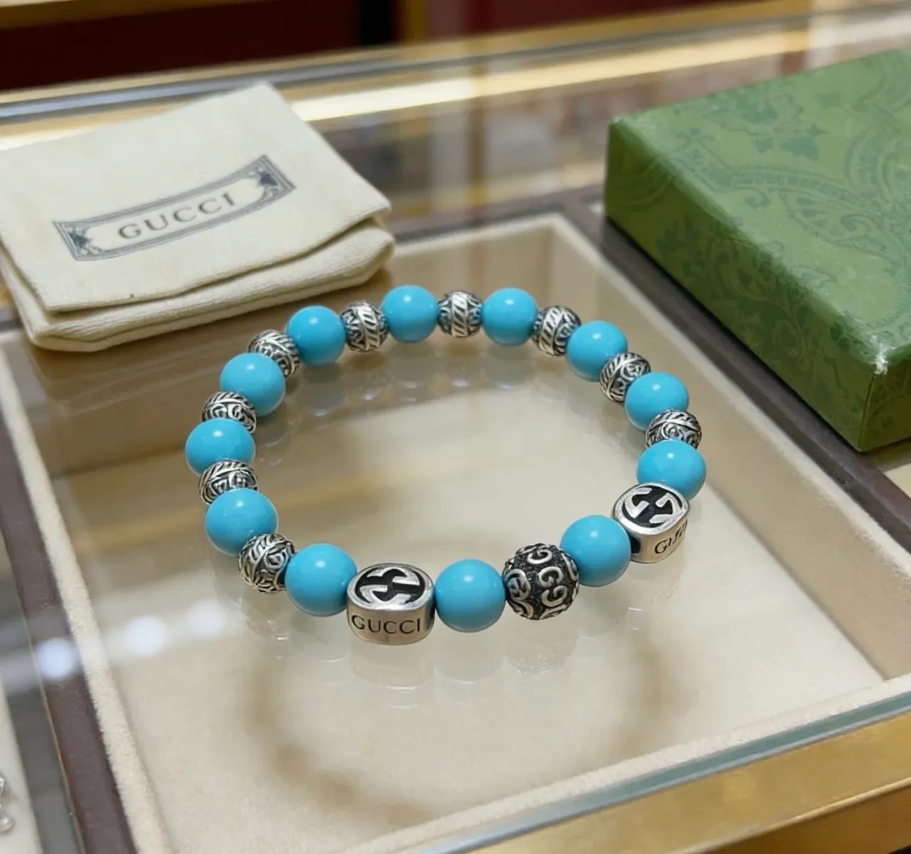 Gucci Beaded Turquoise and Silver-Tone Interlocking G Bracelet 6