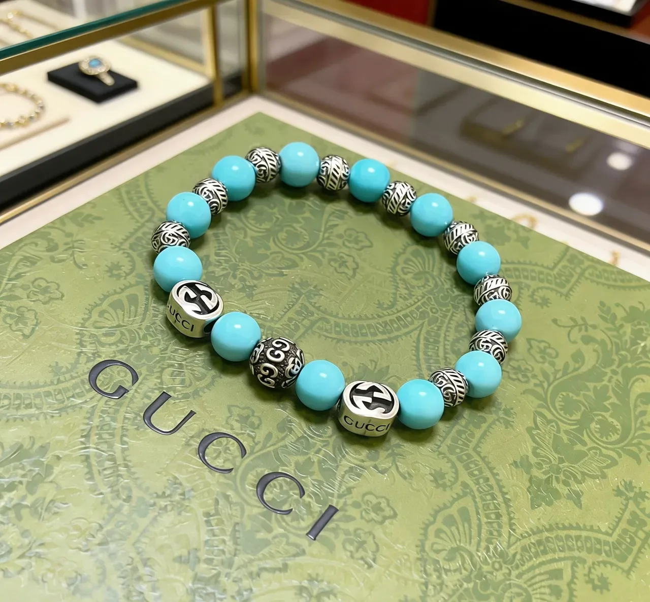 Gucci Beaded Turquoise and Silver-Tone Interlocking G Bracelet 7