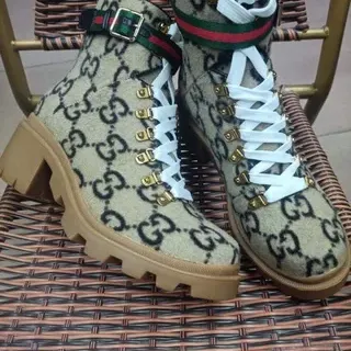 Gucci Beige Black GG Monogram Canvas Web Stripe Strap Ankle Boots