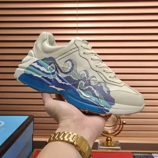 Gucci Beige Blue Wave-Print Side Panel Sculpted Chunky Sole Lifestyle Sneakers