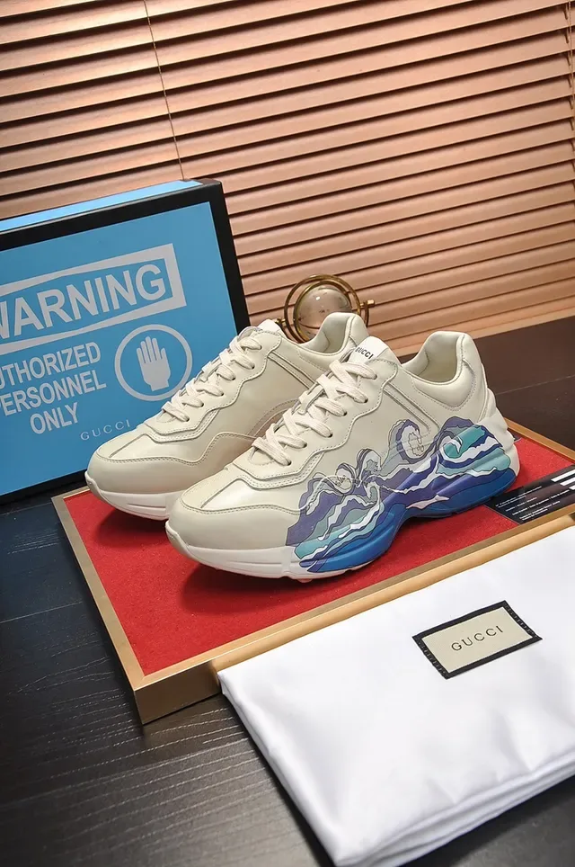Gucci Beige Blue Wave-Print Side Panel Sculpted Chunky Sole Lifestyle Sneakers 4
