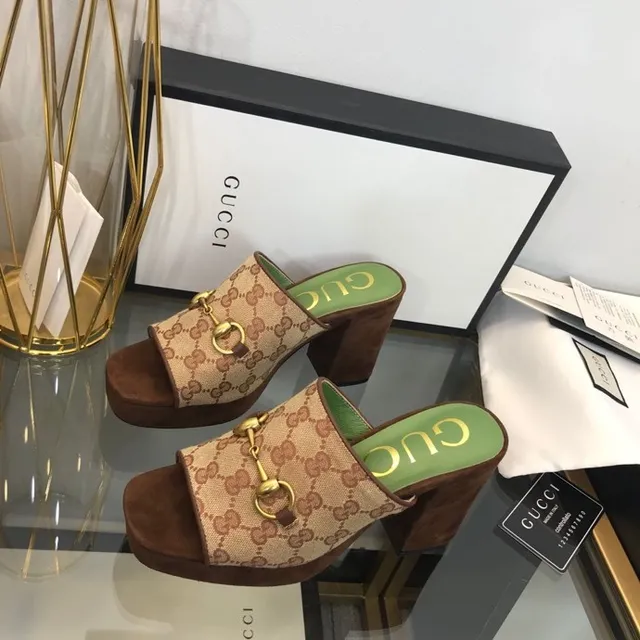 Gucci Beige Brown GG Monogram Canvas Horsebit Buckle Slippers 2