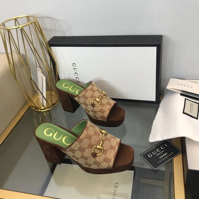 Gucci Beige Brown GG Monogram Canvas Horsebit Buckle Slippers 7
