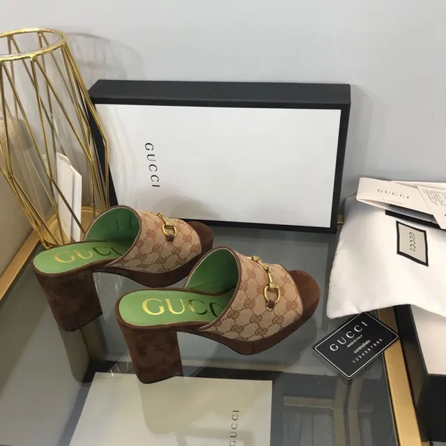 Gucci Beige Brown GG Monogram Canvas Horsebit Buckle Slippers 9