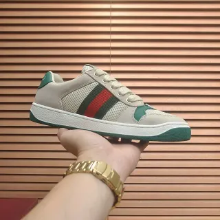 Gucci Beige Green Low-Top Mesh-and-Leather Upper Lifestyle Sneakers