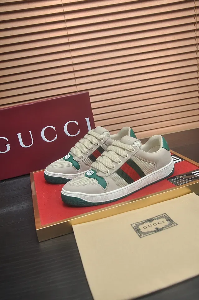 Gucci Beige Green Low-Top Mesh-and-Leather Upper Lifestyle Sneakers 3