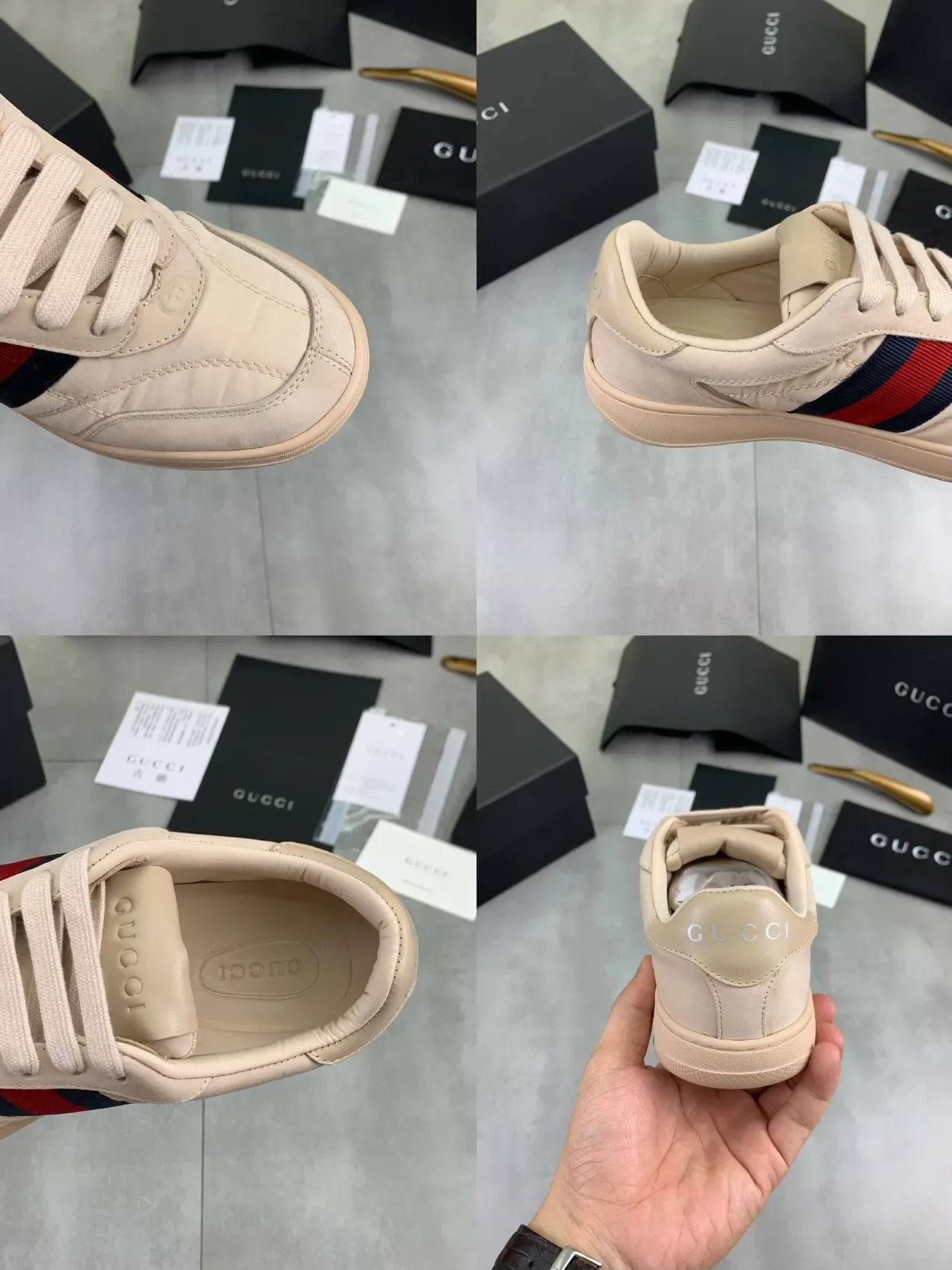 Gucci Beige Navy Quilted Leather Upper Web Stripe Side Panel Lifestyle Sneakers 3